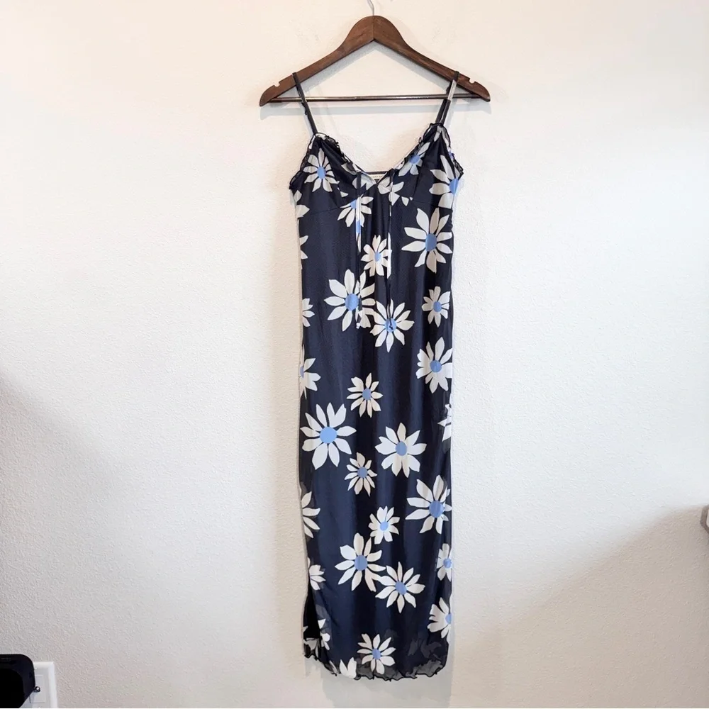 Y2K Coquette Mesh Daisy Slip Dress Blue Floral Sheer Maxi Midi American Eagle S